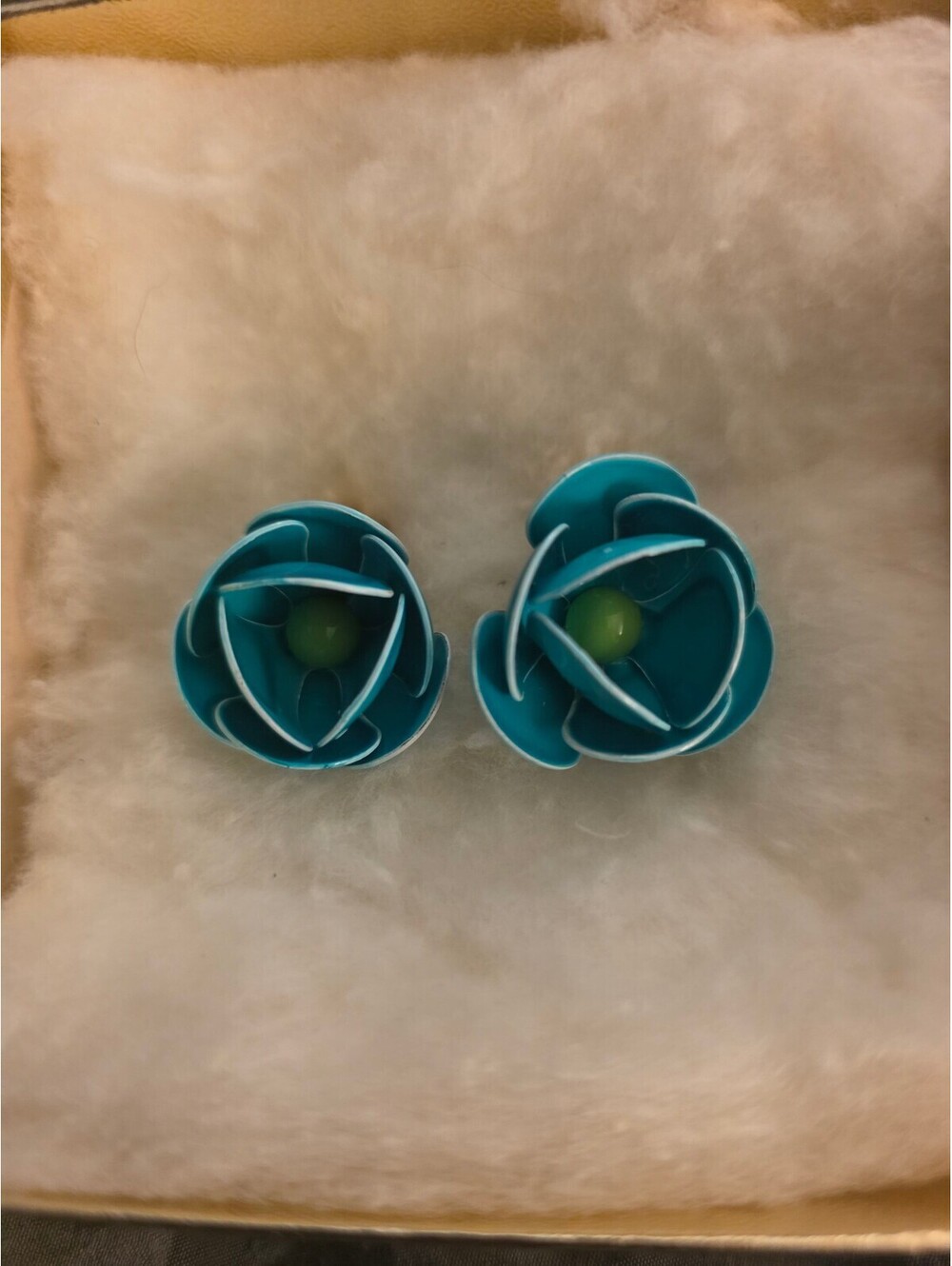 Vintage Blue Flower Clip-On Earrings with Green Center